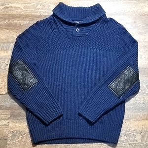 Denver Hayes designer sweater Navy leather elbows calered neck like new Warm XL